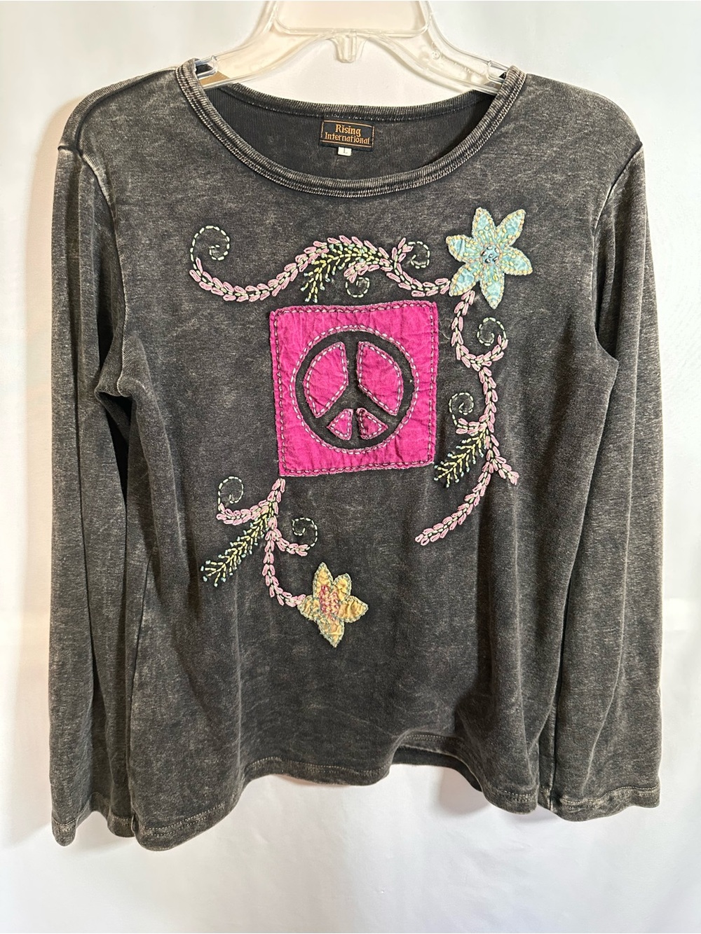 Rising International Peace Sign Boho Embroidered Long Sleeve Top Size L